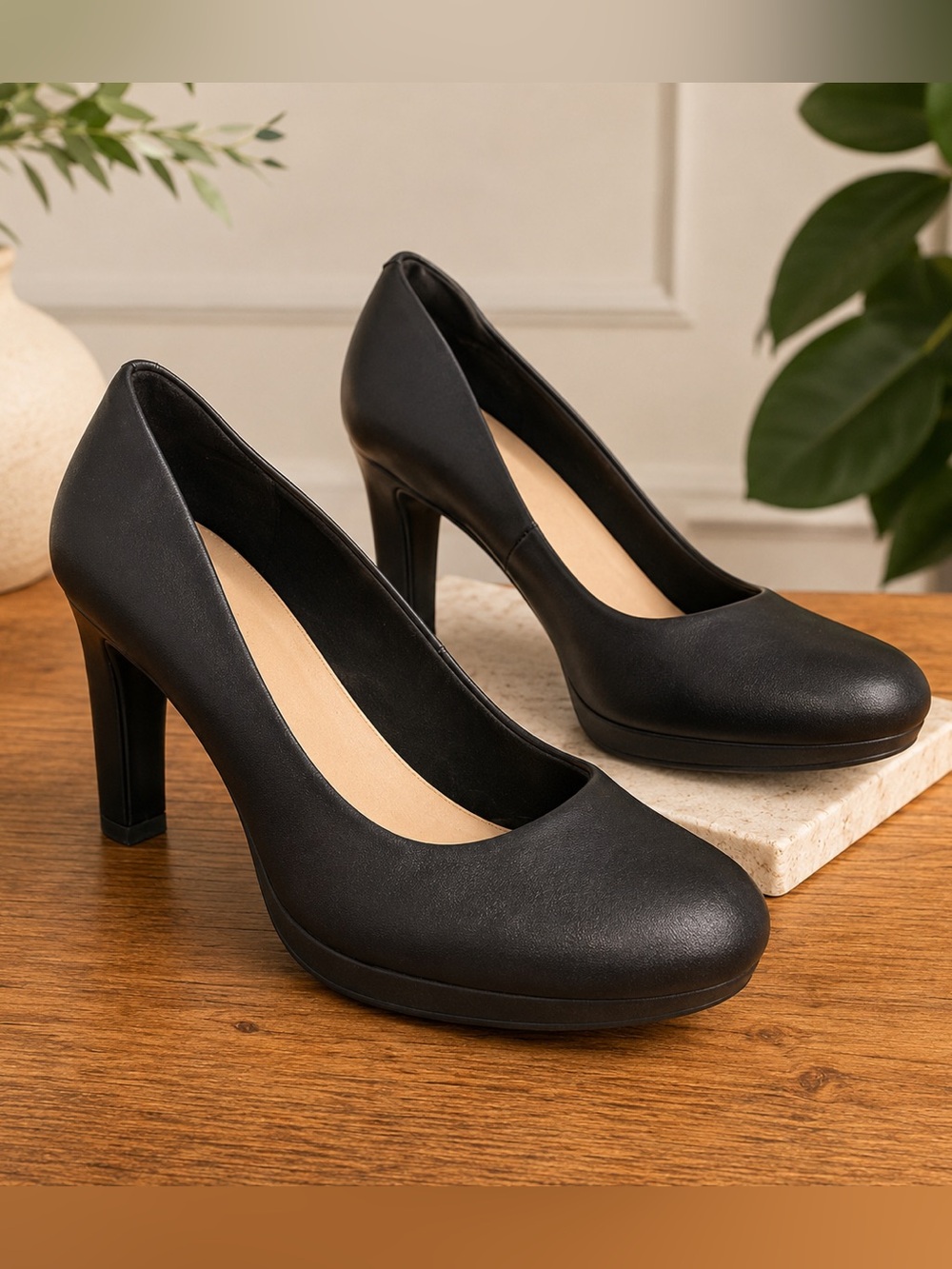 Clarks Collection Black Leather Platform Round Toe Pumps Heels Women’s US 12